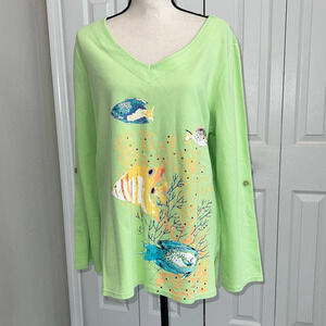 Sun Bay Missy Green Terry Long Sleeve Fish Design T-Shirt - L